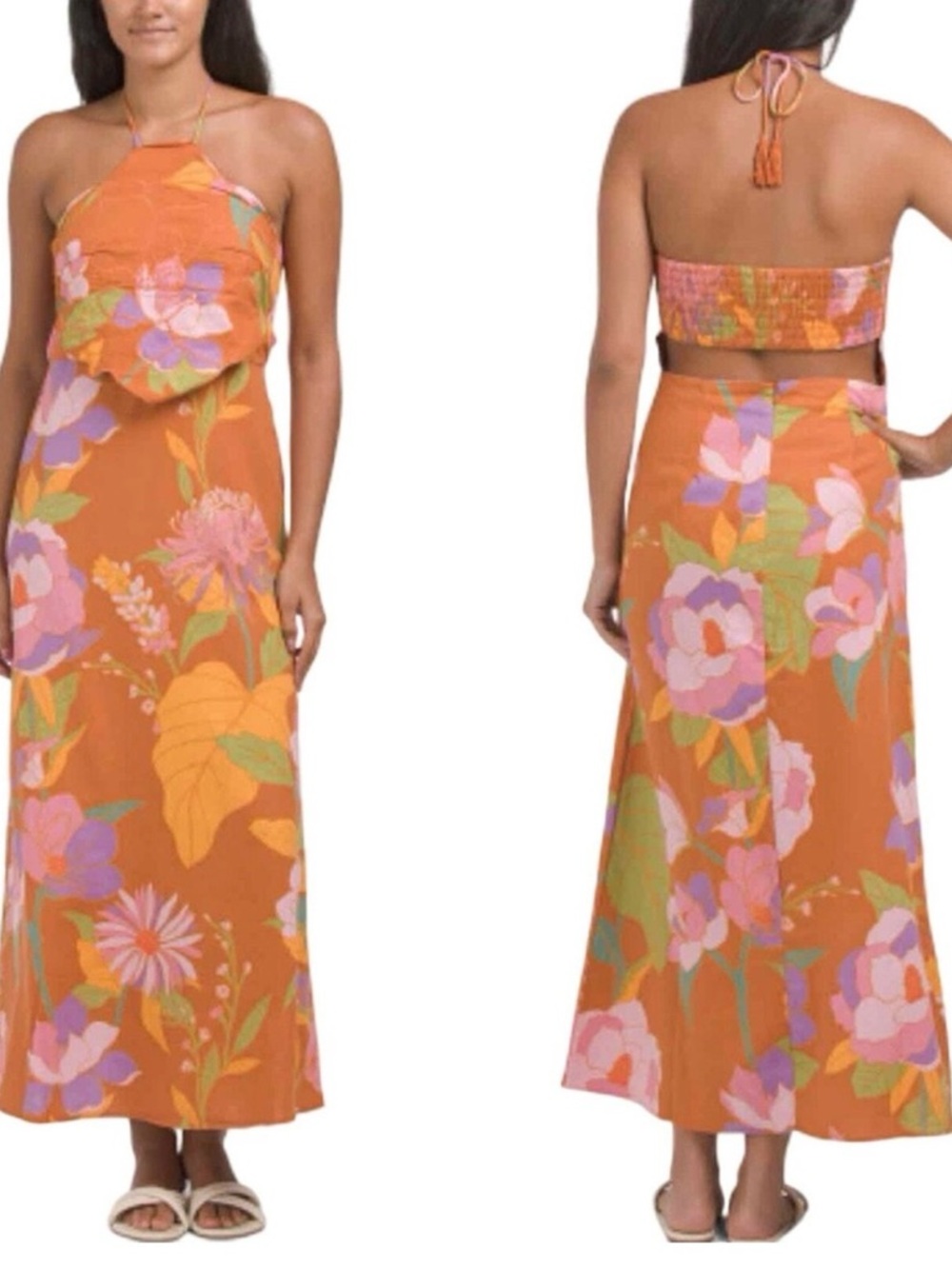 Caroline Constas Orange Floral Halter Maxi Dress
